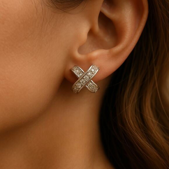 Sterling Silver CZ Earrings 1 Inch Criss Cross X Studs Sparkle Jewelry - Picture 2 of 10